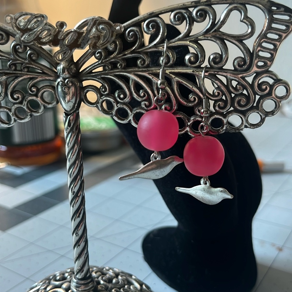 Pink beads silver bird artist made earrings